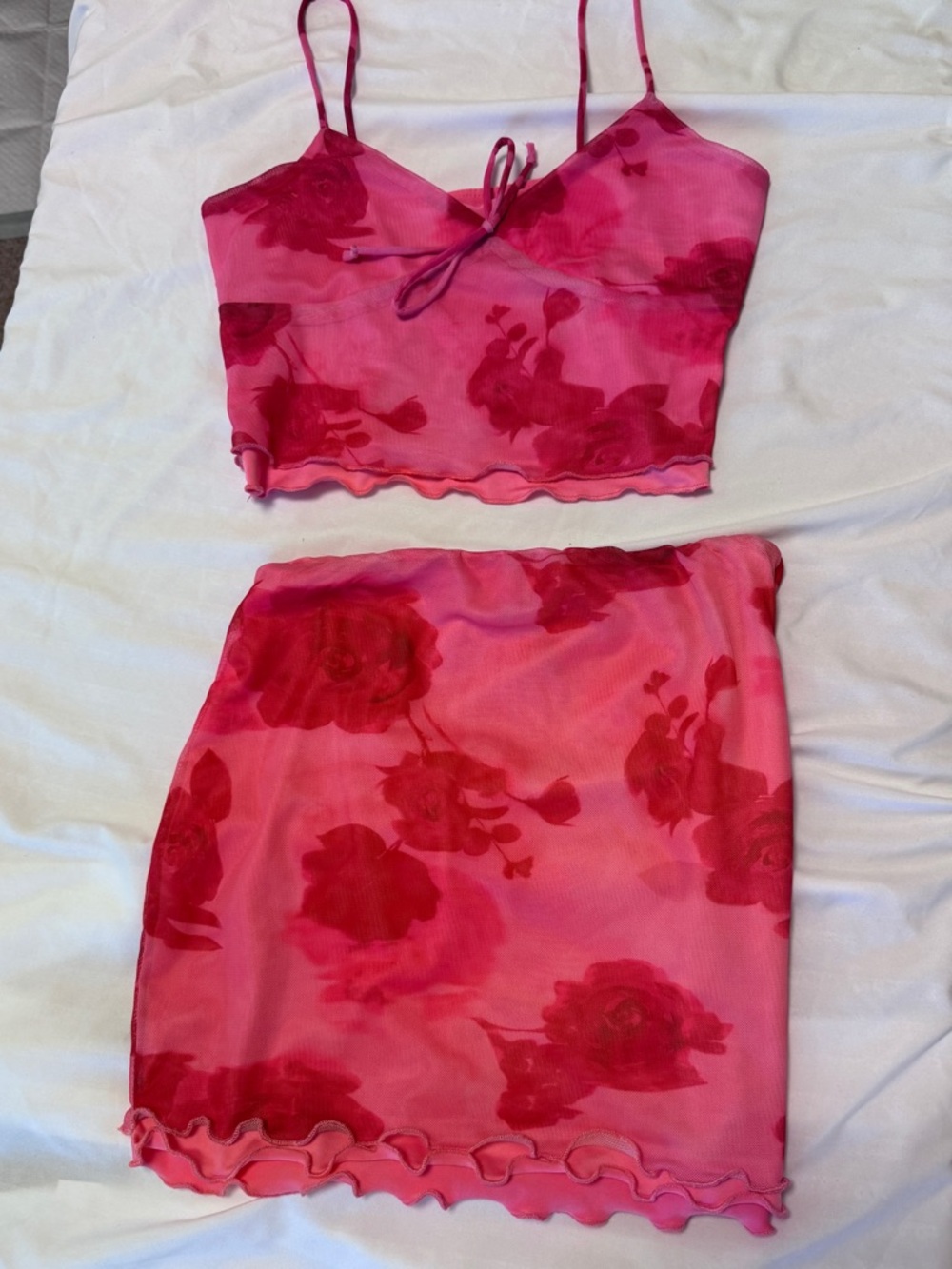 Pink Floral Two-Piece Crop Top & Mini Skirt Set